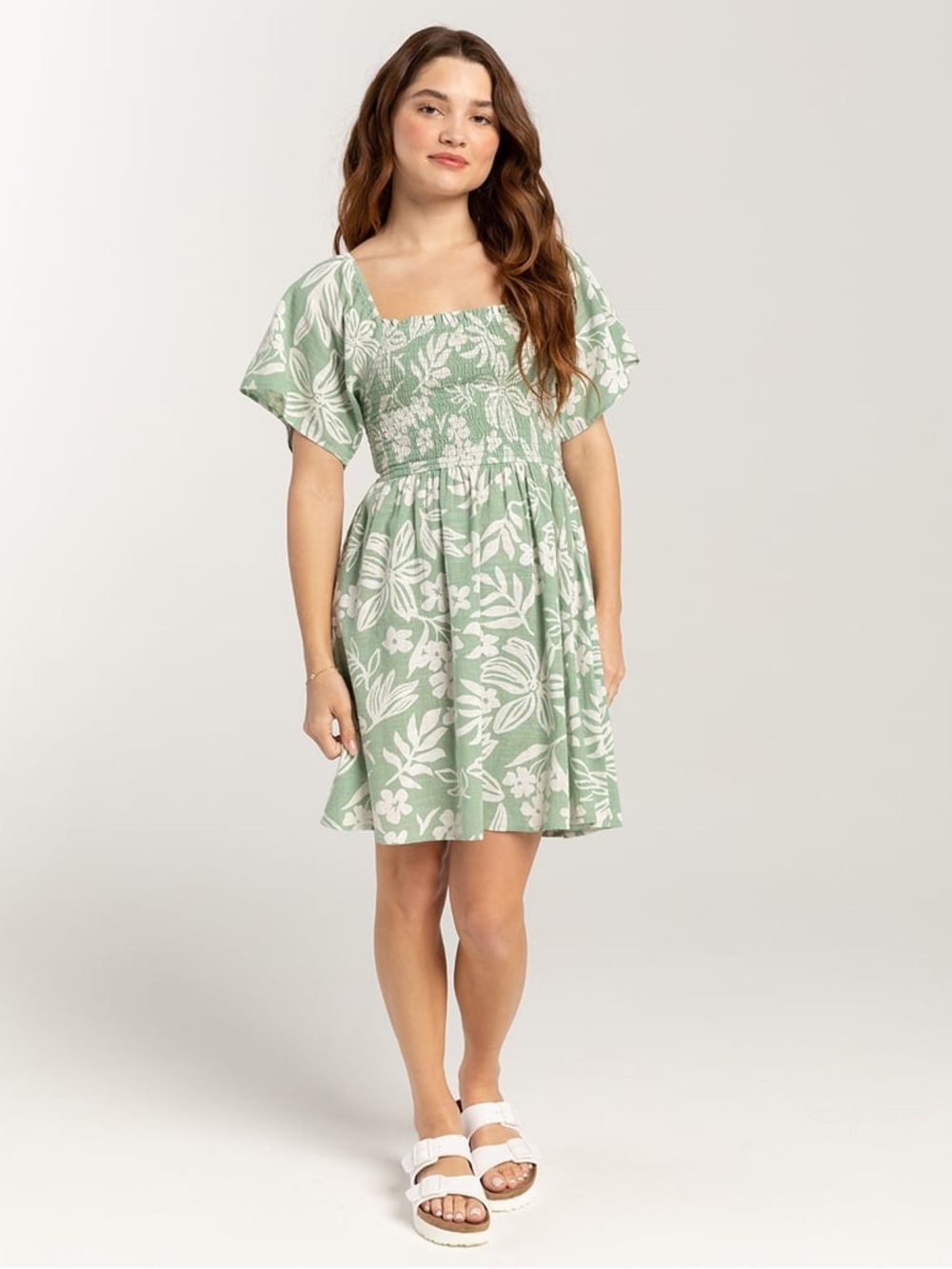 Rip Curl Sage Green Floral Smocked Mini Dress